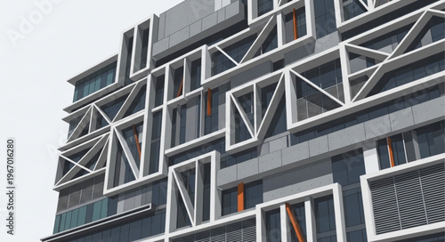 Modern Building Facade with Geometric Window Design.