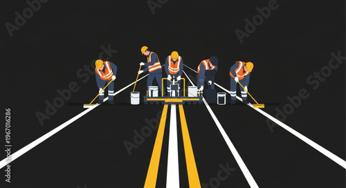 Road workers painting white and yellow lines on asphalt highway.