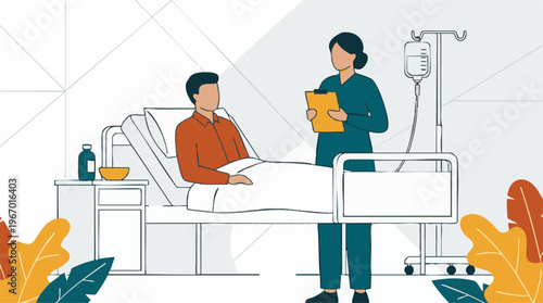 Nurse checking on male patient in hospital bed, medical care illustration