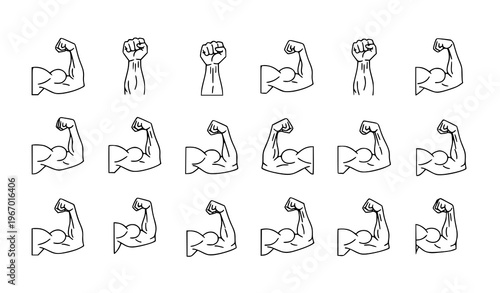 Minimal hand and arm muscle outline icon set with strong biceps gym bodybuilding symbols vector