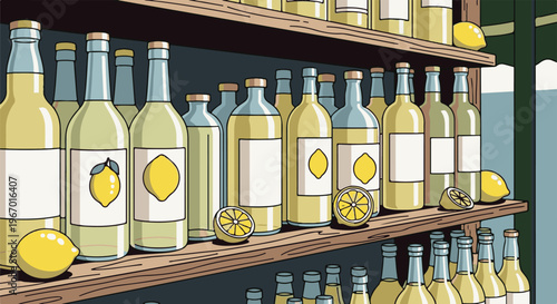 Numerous bottles of lemonade with lemons sit on wooden shelves
