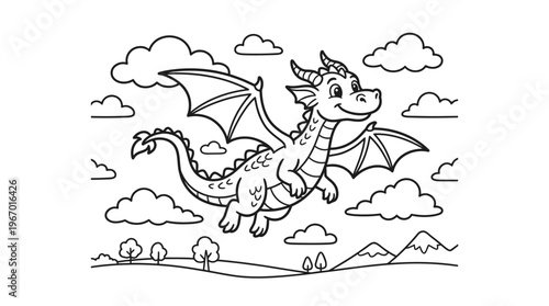 Smiling Cartoon Dragon Flying High.