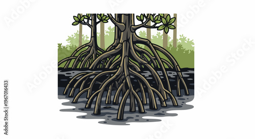 Intricate, stylized mangrove roots emerging from dark, reflective water