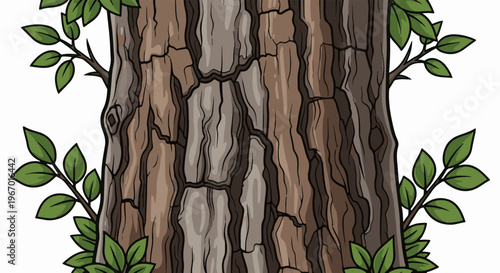 Close-up illustration of a textured tree trunk with branches and green leaves