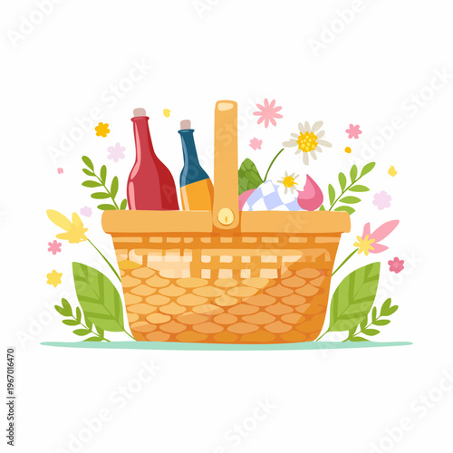 春の行楽にぴったりなピクニックバスケットのベクターイラスト