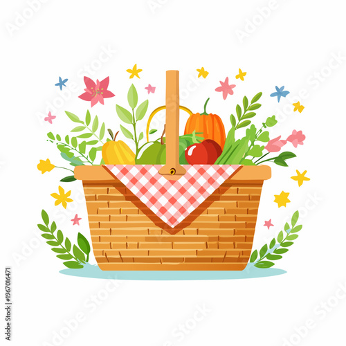 春の行楽にぴったりなピクニックバスケットのベクターイラスト