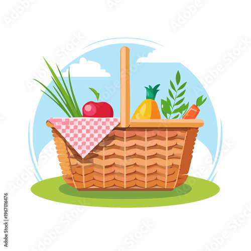 春の行楽にぴったりなピクニックバスケットのベクターイラスト