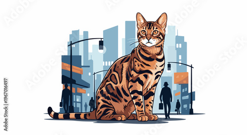 Giant spotted cat surveys a cityscape with silhouetted pedestrians