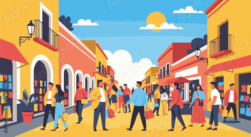 Colorful marketplace with shoppers and vibrant storefronts under a sunny sky