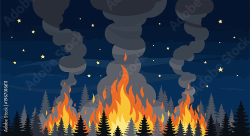 Intense forest fire raging at night under a starry sky, emitting dark smoke