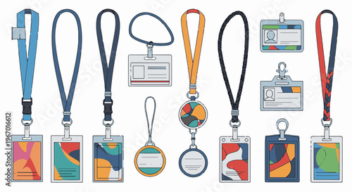 Collection of diverse lanyards and id badges with abstract colorful designs