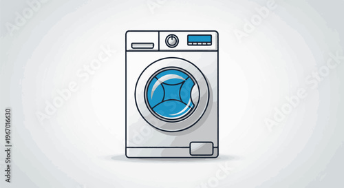 Modern white front-loading washing machine with blue drum on a subtle grey background