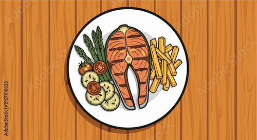 Grilled salmon steak with asparagus, tomatoes, zucchini, and fries