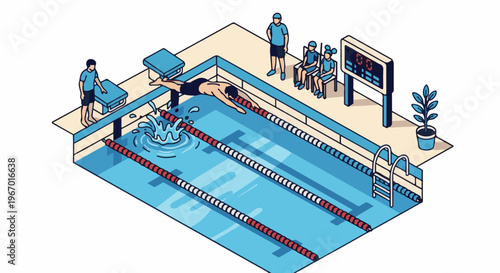 Isometric view of a swimming pool with a swimmer diving, spectators, and a scoreboard