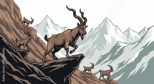 Mountain goats with large horns climb rocky cliffs under snowy peaks