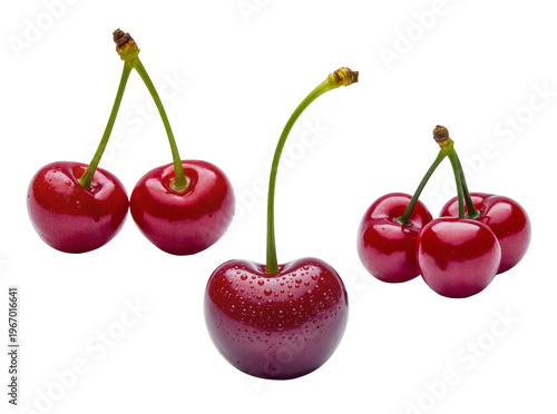 Fresh red ripe cherries with vibrant green stems and glistening water droplets, perfectly isolated PNG on transparent background, sweet summer fruit