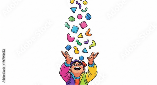 Vibrant illustration of a cheerful person engaging with a playful cascade of colorful, abstract geometric shapes, symbolizing boundless creativity, imaginative expression, and joyful abundance