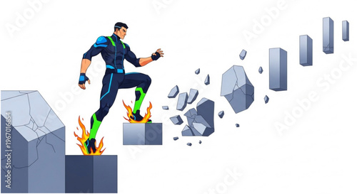 Dynamic athlete powers through a path of shattering obstacles, symbolizing relentless progress, ambition, and the triumphant demolition of barriers towards achievement in a modern setting