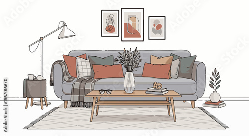Cozy living room scene with sofa, coffee table, floor lamp, and abstract art
