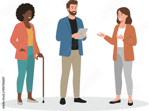 Collection of diverse people and business professionals with disability using walking cane and tablet for inclusive workplace teamwork and social communication concept flat vector