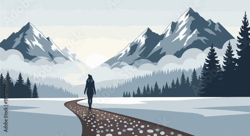Lone figure walks on a snowy path towards misty mountains at sunrise