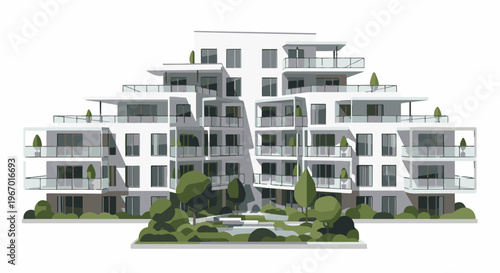 Modern tiered apartment building with balconies and surrounding greenery