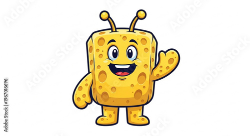 A cheerful, cartoonish, yellow sponge character with big eyes and antennae, waving hello with a friendly smile
