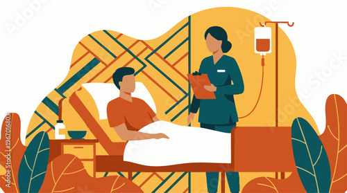 Nurse attending to a male patient in a hospital bed with IV drip