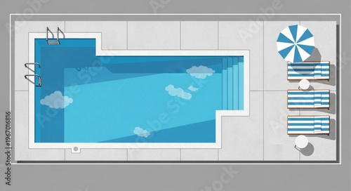 Top view of a modern swimming pool with lounge chairs and umbrella.