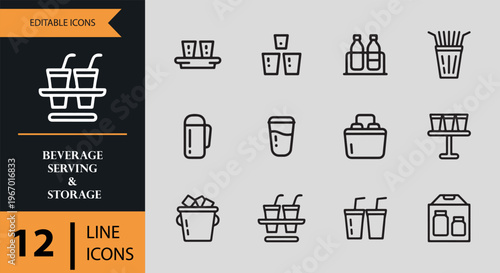 12 Beverage Serving and Storage Icons outline icon set. beverage serving bottles glass storage outline icons