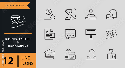 12 Business Failure and Bankruptcy outline icon set. financial loss bankruptcy crisis outline icons
