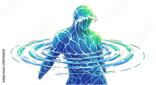 Mesmerizing illustration of a human form composed of flowing water, radiating ripples that evoke the depths of the inner self and the dynamic essence of existence