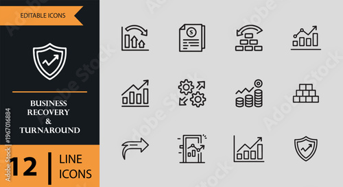 12 Business Recovery and Turnaround Icons outline icon set. business recovery growth strategy outline icons