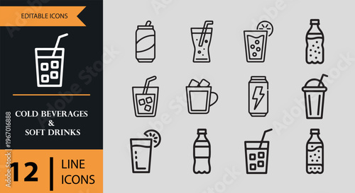 12 Cold Beverages and Soft Drinks Icons outline icon set. cold drinks soda juice beverage outline icons