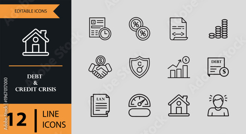 12 Debt and Credit Crisis Icons outline icon set. debt credit financial crisis outline icons
