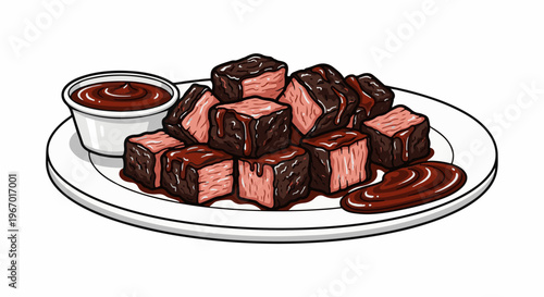 Delicious cubes of meat drizzled with rich sauce on a white plate