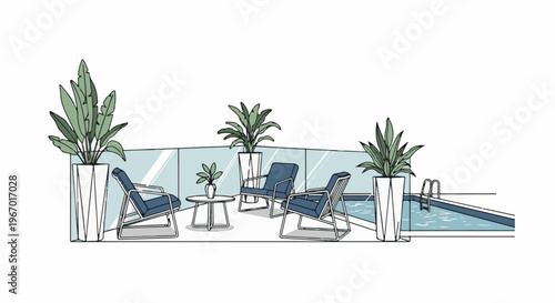 Modern outdoor seating area with potted plants and a swimming pool