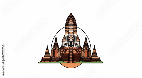 Ornate ancient temple structure with tiered spires, an entrance, and a circular frame