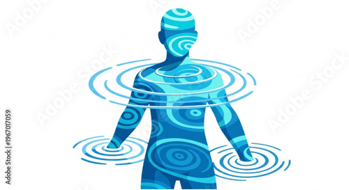 Abstract representation of a human figure surrounded by swirling water ripples, symbolizing fluidity, energy, and connection to nature