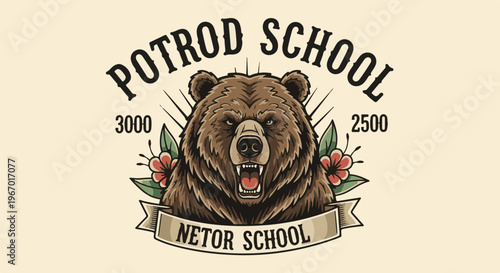 Fierce bear head with text "POTROD SCHOOL" and "NETOR SCHOOL