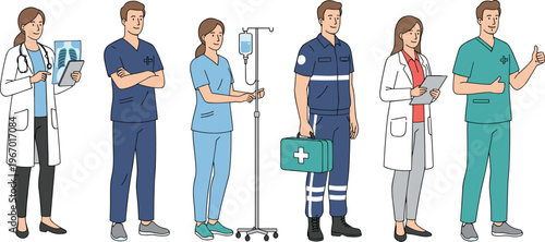 Collection of diverse medical professionals including doctors and nurses with x-ray tablet and first aid kit for healthcare hospital teamwork concept flat vector