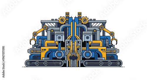 Intricate mechanical assembly with pistons, gears, and robotic arms