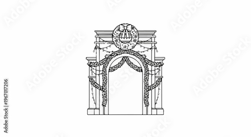 Elaborate archway adorned with festive wreath, garlands, and lights