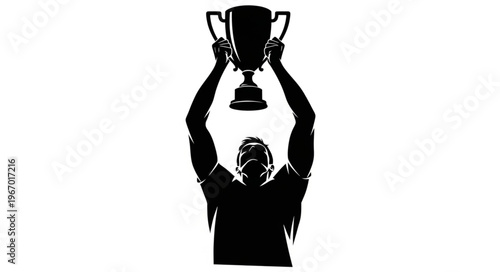 Silhouette of a triumphant athlete holding a trophy high above their head.