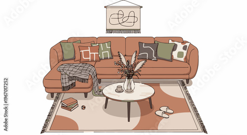 Cozy living room with sectional sofa, decorative pillows, and floral arrangement
