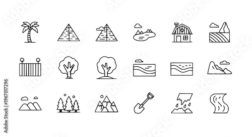 Landscape Icon Collection Editable and Scalable with Palm Tree Pyramid Lake Mountain Vector