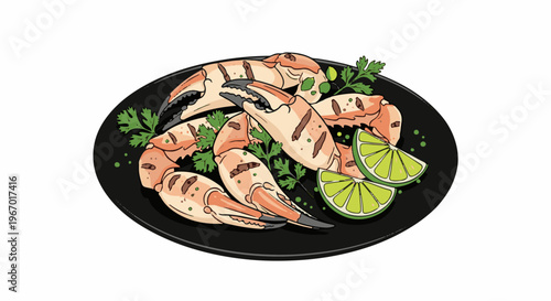 Grilled crab claws served on a black plate with lime wedges and parsley