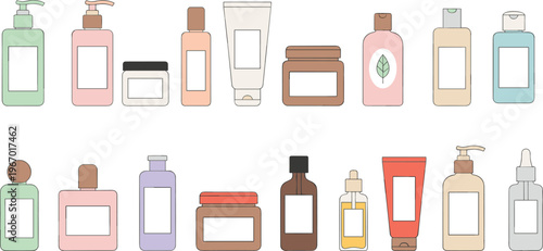 Collection of organic cosmetic bottles and skincare product containers including lotion pump serum dropper cream jar and tubes for beauty treatment concept flat vector