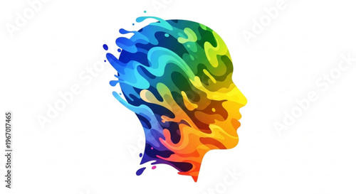 Vibrant abstract profile of a human head, bursting with a colorful spectrum of flowing patterns, symbolizing creativity, diverse thought, imagination, and a dynamic mind