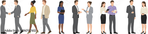 Collection of diverse business professionals in formal outfits shaking hands and talking with digital tablets for corporate teamwork and successful partnership concept flat vector